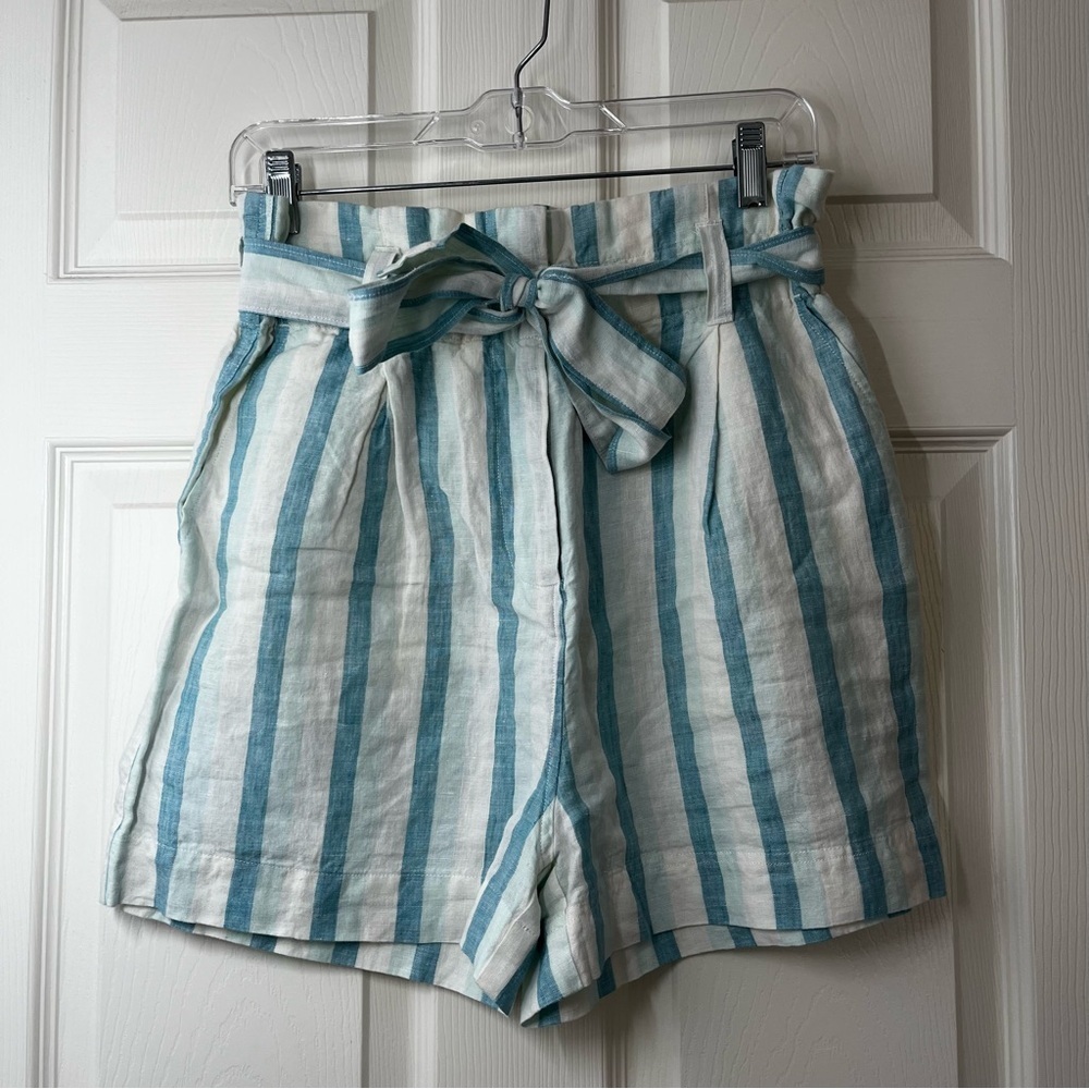 FAHERTY Striped Blue and White Cypress 100% Linen Belted Shorts Size Small